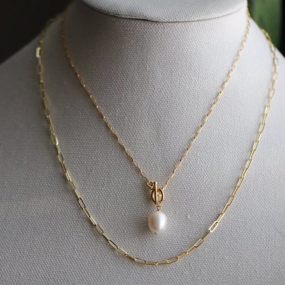 10K Gold Vermeil - Pearl Toggle Paperclip Chain Necklace - Picture 9 of 12